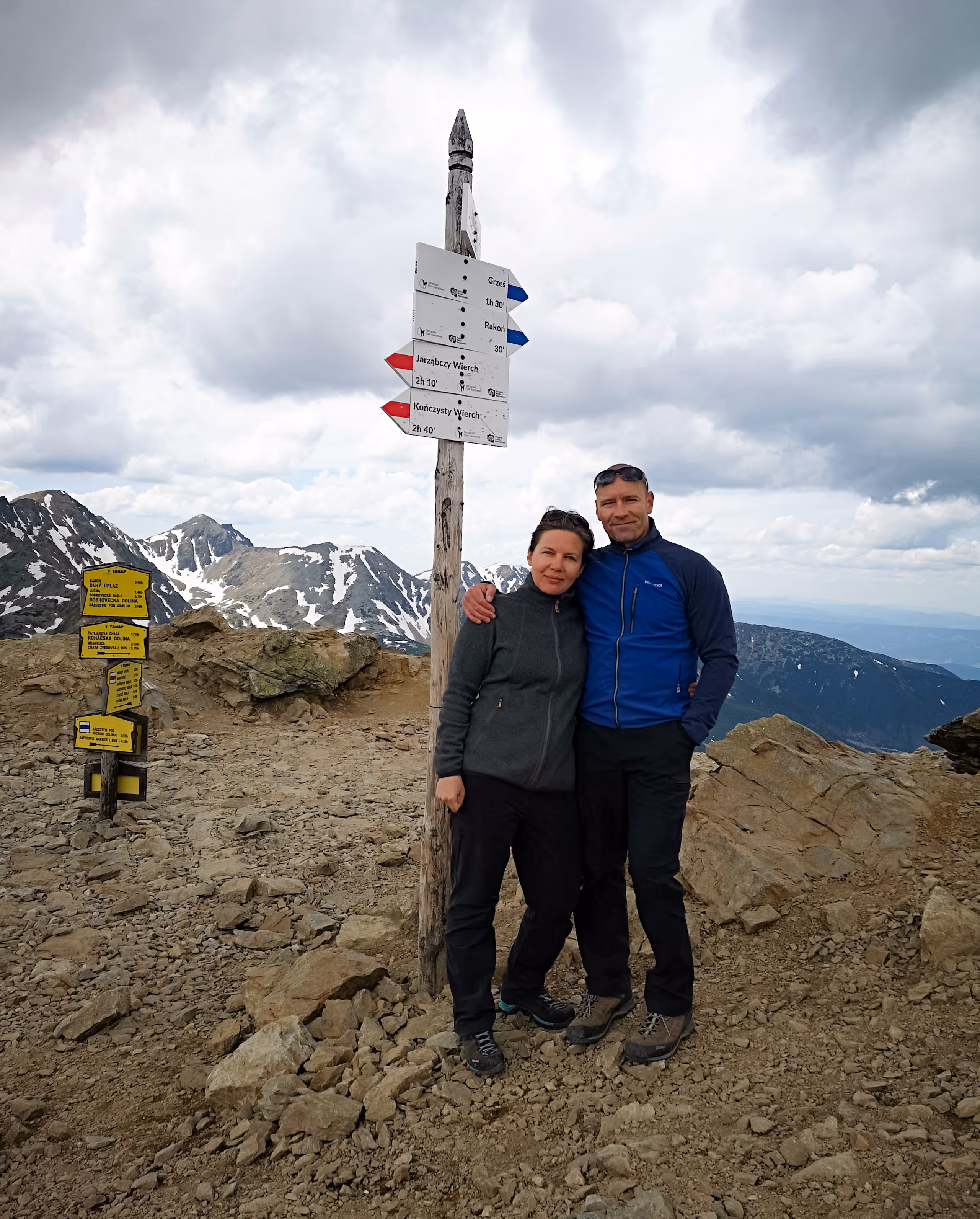 Para turystów ubrana w odzież trekkingową stoi przy słupie z drogowskazami na górzystym szlaku, w tle ośnieżone szczyty i pochmurne niebo.